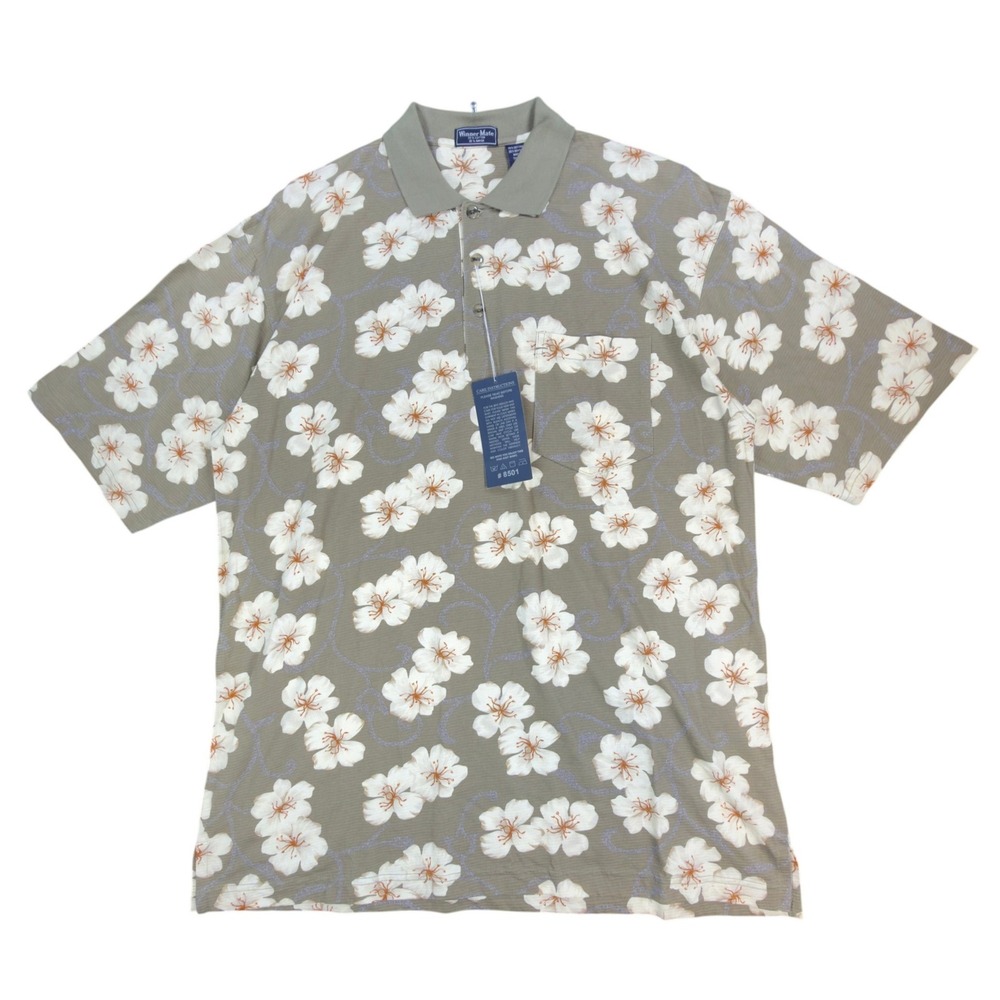 Winner Mate Polo Shirt Mens Large Vtg Floral Cotton Rayon Olive Green Deadstock